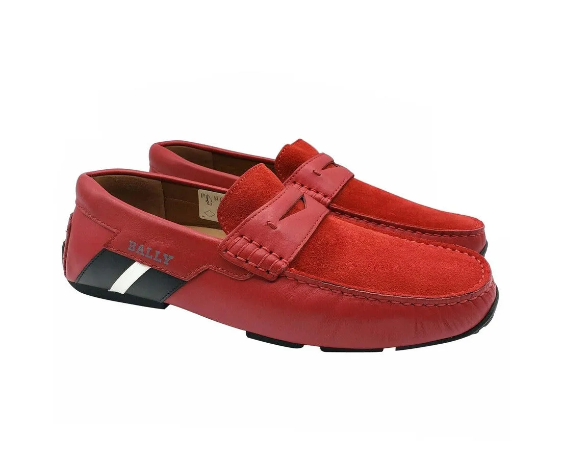 Bally Men's Red Piotre Leather / Suede With Black / White Web Logo Slip On Loafer Shoes (6.5 EU / 7.5D US)