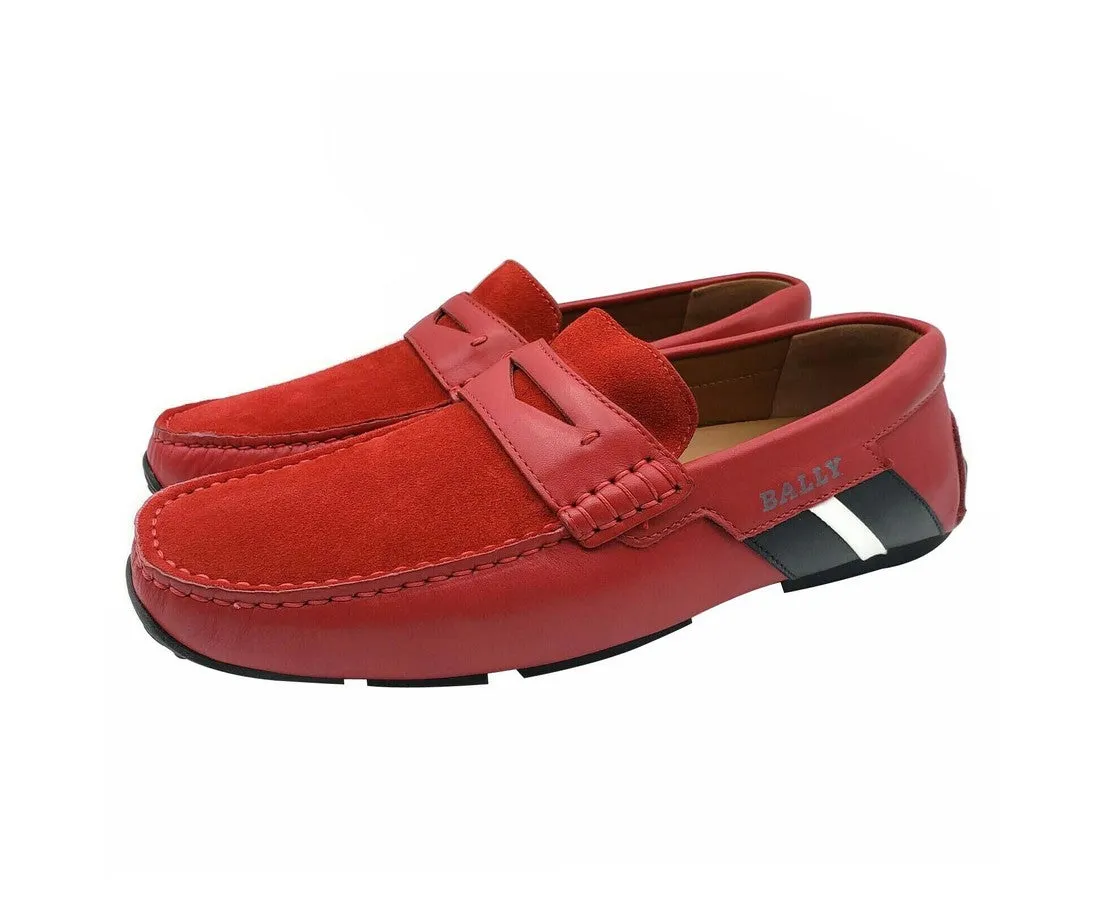 Bally Men's Red Piotre Leather / Suede With Black / White Web Logo Slip On Loafer Shoes (6.5 EU / 7.5D US)