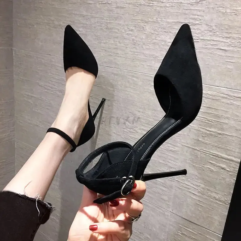 Black High-heeled Sandals Pointed Buckle All-Match Single High Heel