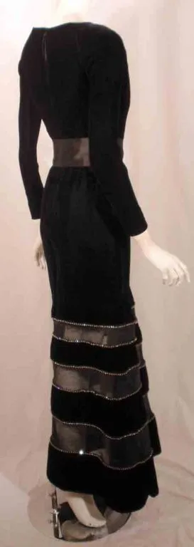 GIVENCHY Black Velvet Gown w/ Horsehair, Rhinestone & Trim