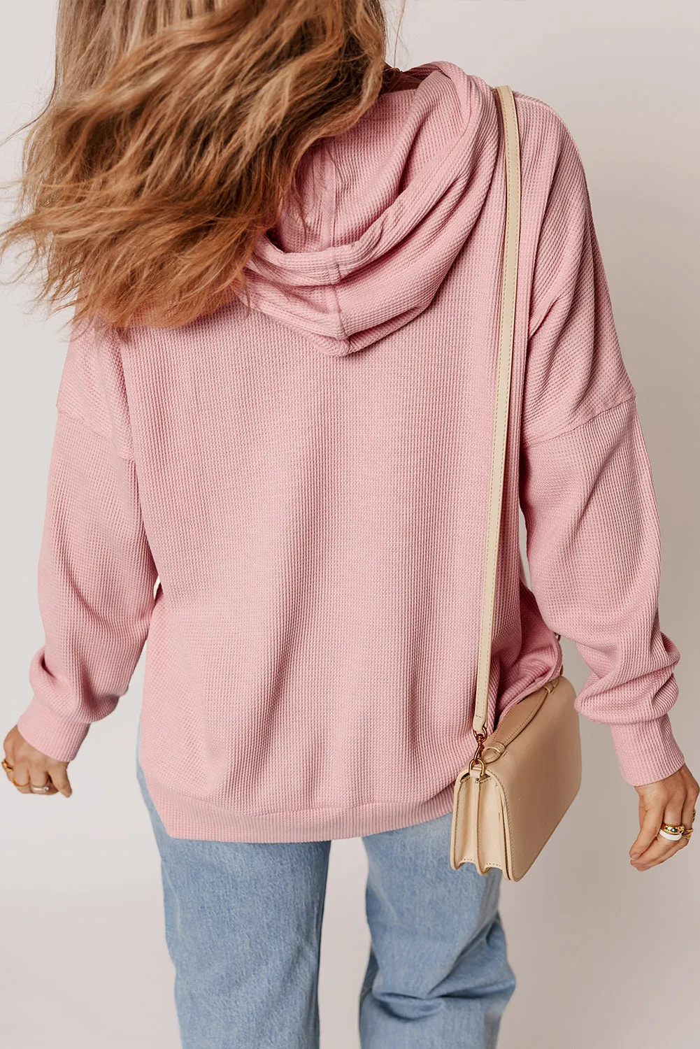 Light Pink Waffle Knit Fleece Lined High Low Oversized Hoodie