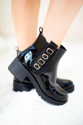 Patent Gemstone Chunky Heel Ankle Boots- Black